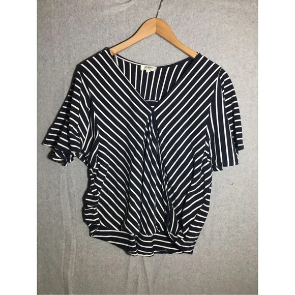 Womens Umgee Blouse Navy Blue White Stripes Twist Front Flowy Sleeve Casual - Picture 1 of 5